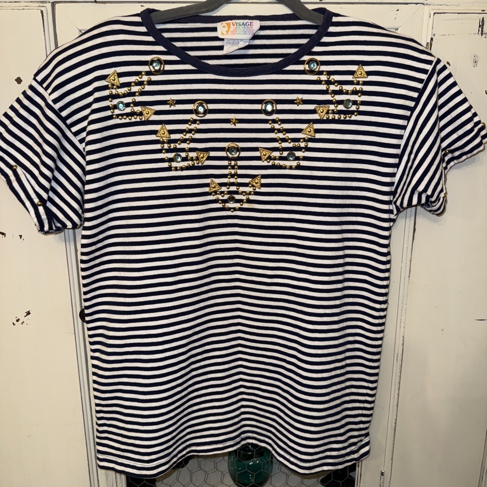Vintage Navy Blue & White Embellished Gold Anchor Nautical Top Ladies Size‎ L